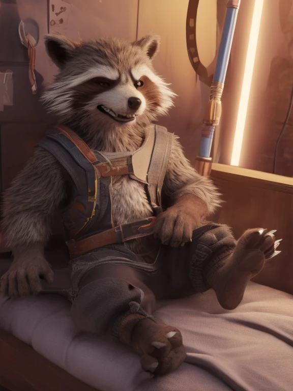 Sedated Rocket Racoon, lying on a bed in a laboratory with his legs spread, drugged with sedation from a drip, closed eyes, strapped to the bed by his wrists and ankles, a distinctly sleepy look on his face, resisting to sleep, detailed nice big paws with short claws, wears orange prison uniform, MCU vivid colour style, dark brown and gray and white fur, visible soles