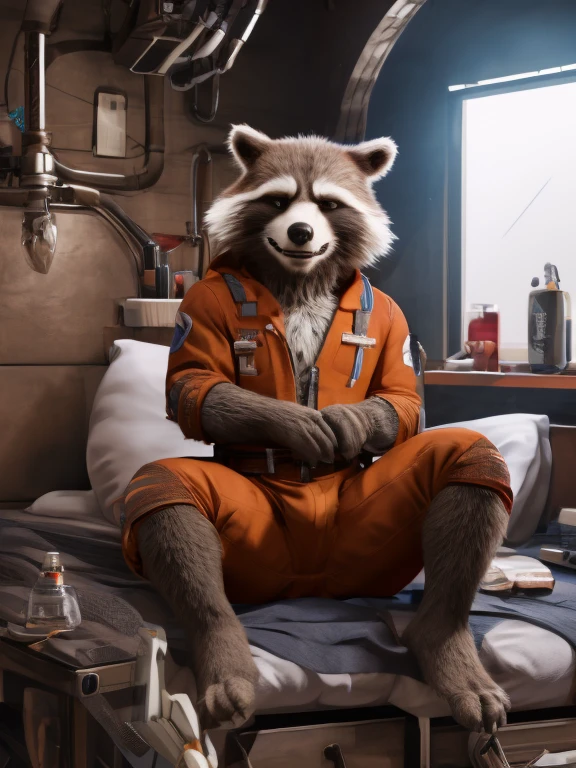 Sedated Rocket Racoon, lying on a bed in a laboratory with his legs spread, drugged with sedation from a drip, closed eyes, strapped to the bed by his wrists and ankles, a distinctly sleepy look on his face, resisting to sleep, detailed nice big paws with short claws, wears orange prison uniform, MCU vivid colour style, dark brown and gray and white fur, visible soles