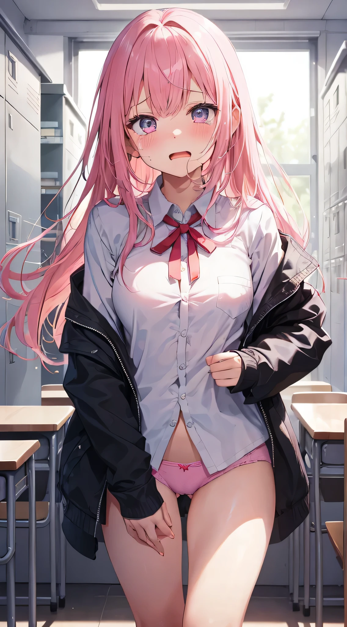 Solo, (1girl), single, fluttering white collared shirt hem, swaying white collared shirt hem, (pink panties), Sexy, standing, ((Hands between legs)), classroom, girl with:With a girl standing in front of a locker、hair is black and long,、Tied with a ribbon。The face is round and cute。It's below the knee。The shoes are black loafers。The girl had a surprised look on her face, Joy and emotions.、eyes wide open.、The mouth is wide open.、There were tears.、My cheeks are red.、 Overreaction:The girl's surprised expression was、Impossibly overreacting.、Drawn like a manga or anime。NP、Eyes, Mouth, Tears, Cheeks and hands are drawn large
