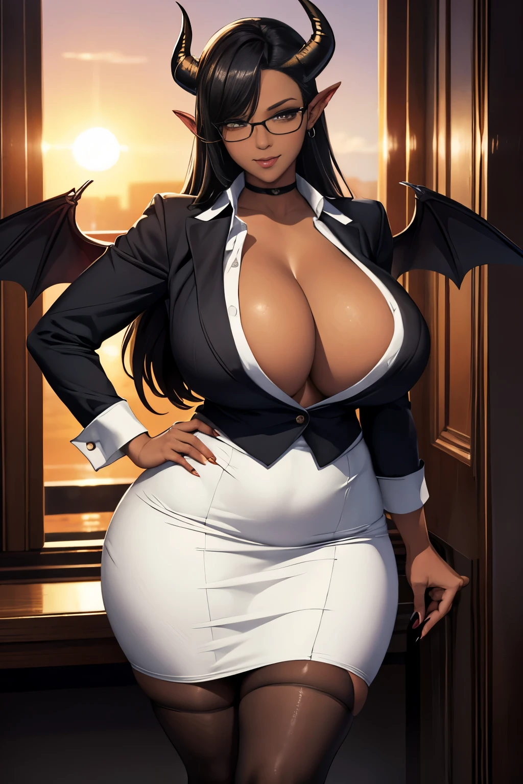 businesswoman, dark skin, white botton-up blouse, black pencil skirt, curvy, fit, sensual appeal, profesional, glasses, thighhighs, huge breasts, thighs, narrow waist, wide hips, thick thighs, huge ass, enormous huge natural breasts, cleavage, 1girl, solo, cowboyshot, standing, hands on hips, office, evening, sunset, naughty face, smile, succubus tail, succubus horn, claws, bat wings.