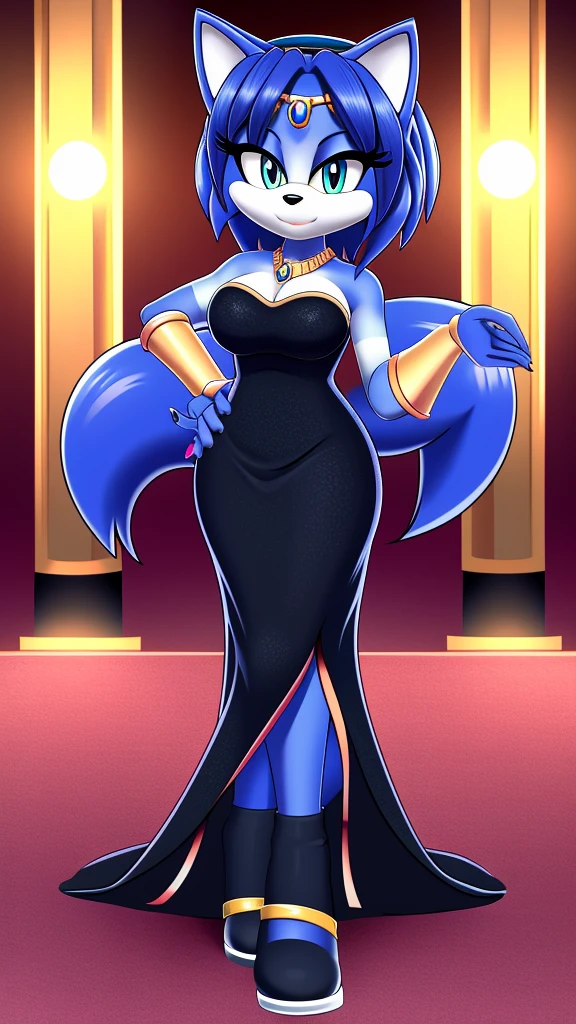 Krystal the Fox in a long black dress, blackdr3ss, standing up, 2D illustration, ballroom background.