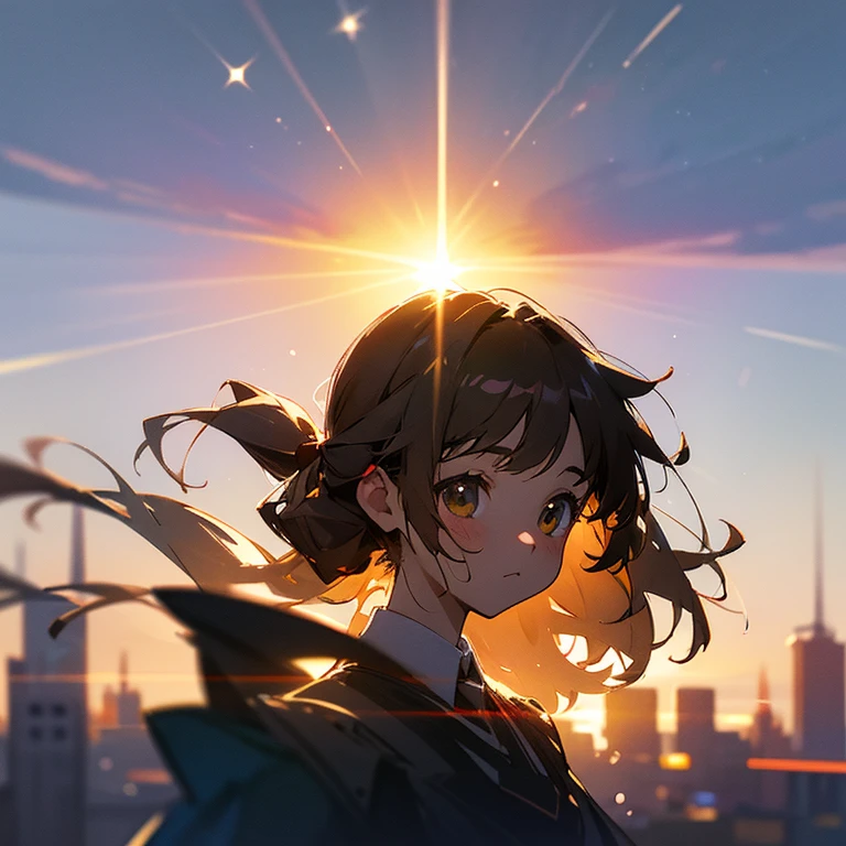 (blurry background:1.3), (white background:1.3), (extremely detailed fine touch:1.3), (hard light, studio light, light rays, dappled light, reflection, shadows, ray tracing:1.0), (rough sketch:1.3), ///, kawaii girl, brown ponytail, night, star, milky way, horizon, sky, clouds, rainbow, stars, milky way, wind, city, upper body, tower, red flower, sunrise, backlight