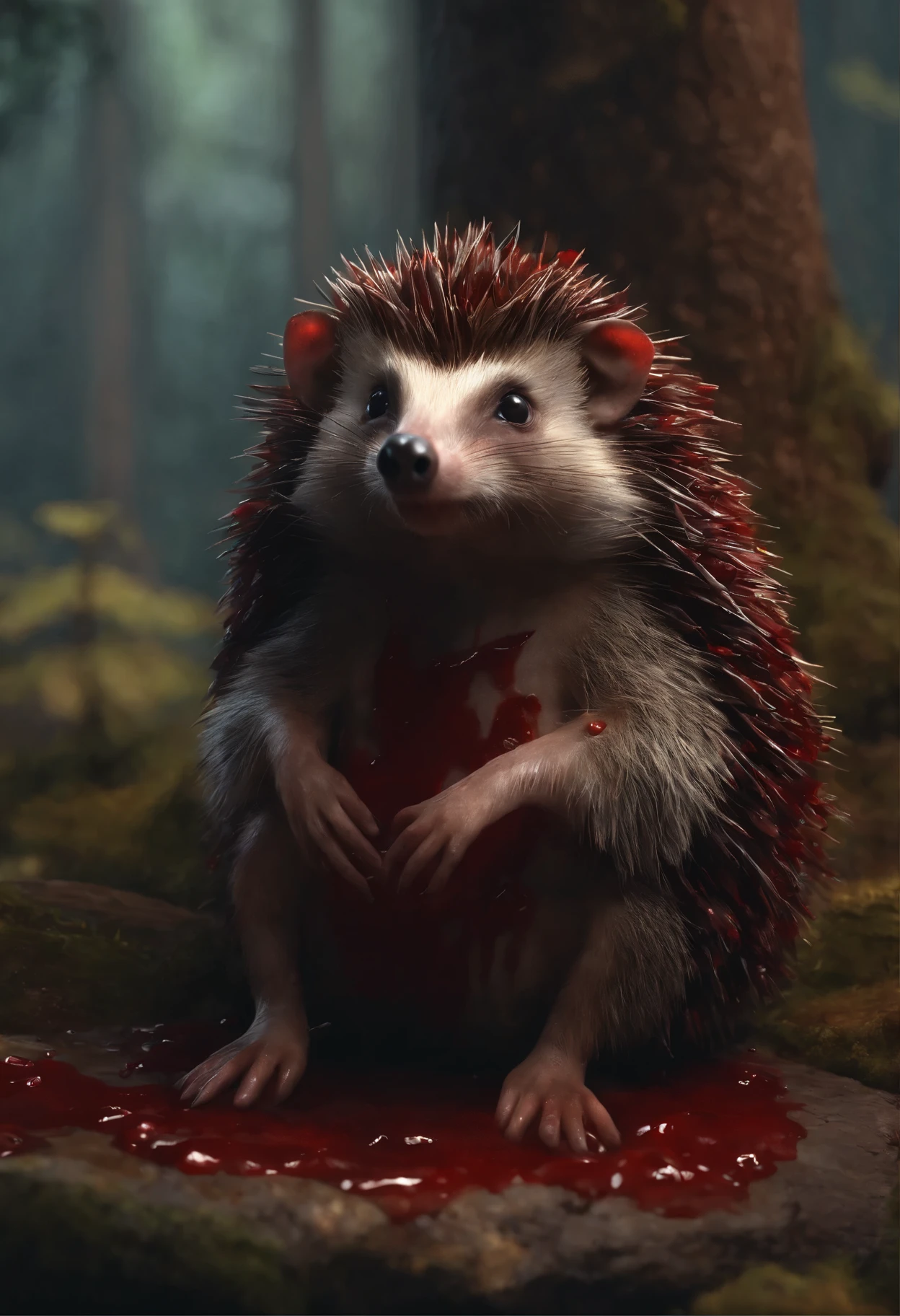 Hedgehog covered in blood, a bloody hedgehog in meat sits on a stone in the forest, charming digital painting, Rendering of monkeys, Anthropomorphic hedgehog, bloody fur, Rendering of the Marmoset ToolBaged, Zbrush Color Renderer, Rendering of the Marmoset ToolBag, Octane turns into a lonely bloody mass, cute 3D rendering, bloody fur весь в мясе, cute detailed digital art, whimsical demon with rainbow fur