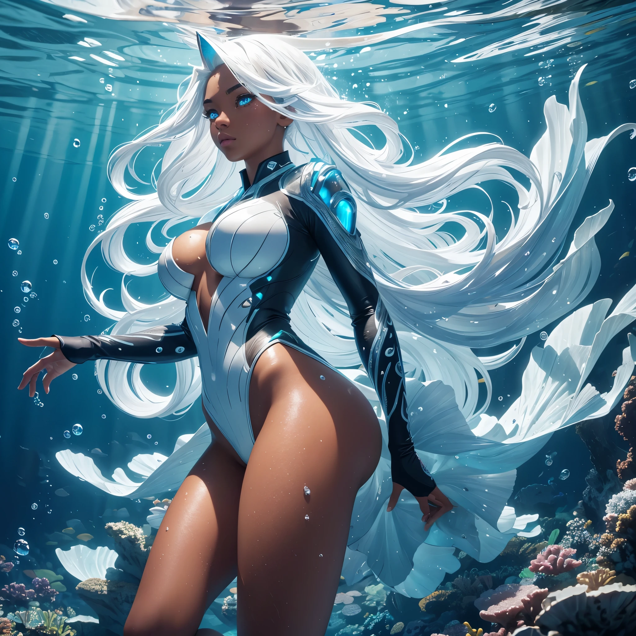 8k, ultra high definition, unreal engine, ultra detailed, ultra high resolution, ultra focus, beautiful girl, dark skin, marine ears, fish scales skin, nebula eyes, gills on neck, white hair, wet flowing hair, gorgeous thick body, under water, bubbles everywhere, ultra detailed body, ultra detailed clothes, wet body, wet clothes, ultra detailed skin, ultra detailed hands, ultra detailed fingers, ultra detailed image, colorful fishes in background, underwater plants, front view,