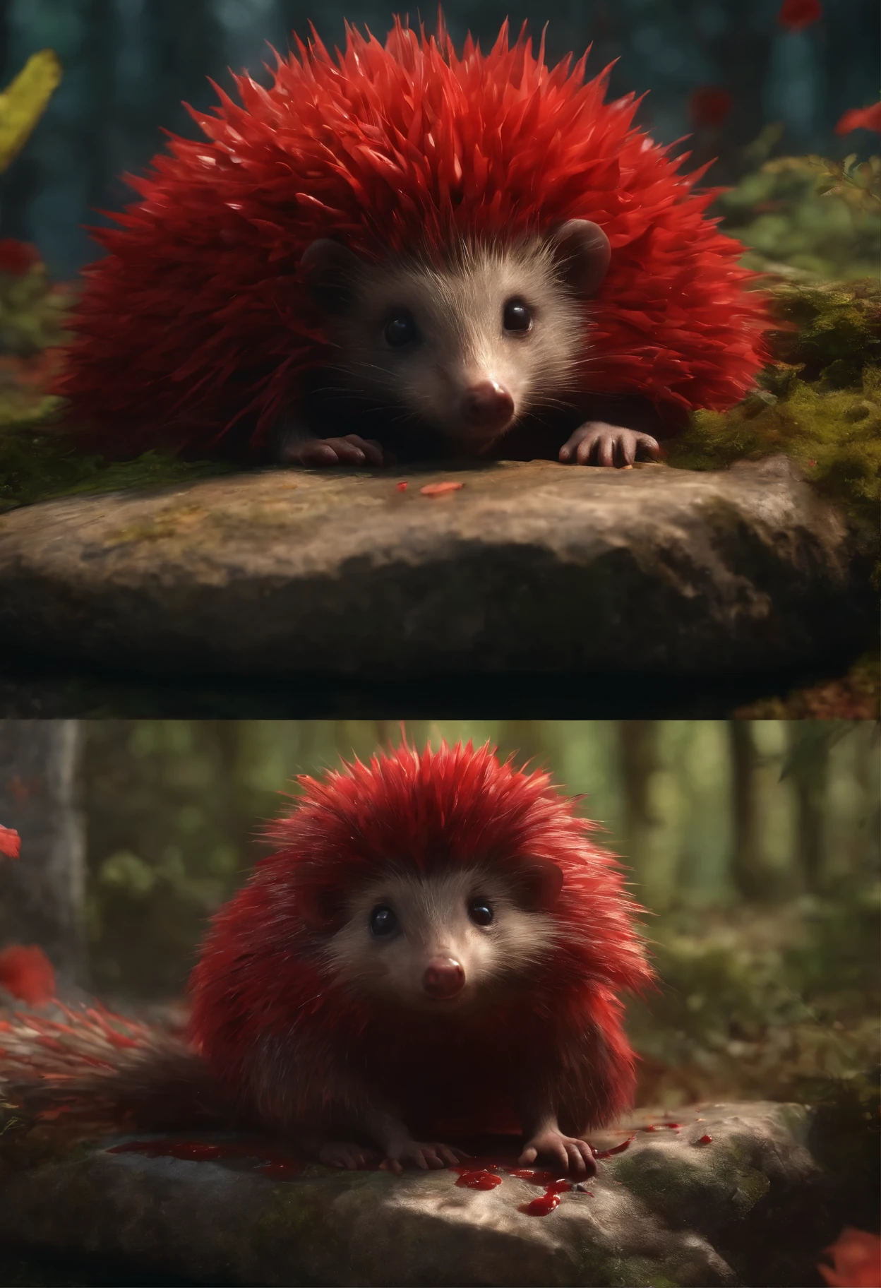 Hedgehog covered in blood, a bloody hedgehog in meat sits on a stone in the forest, charming digital painting, Rendering of monkeys, Anthropomorphic hedgehog, bloody fur, Rendering of the Marmoset ToolBaged, Zbrush Color Renderer, Rendering of the Marmoset ToolBag, Octane turns into a lonely bloody mass, cute 3D rendering, bloody fur весь в мясе, cute detailed digital art, whimsical demon with rainbow fur