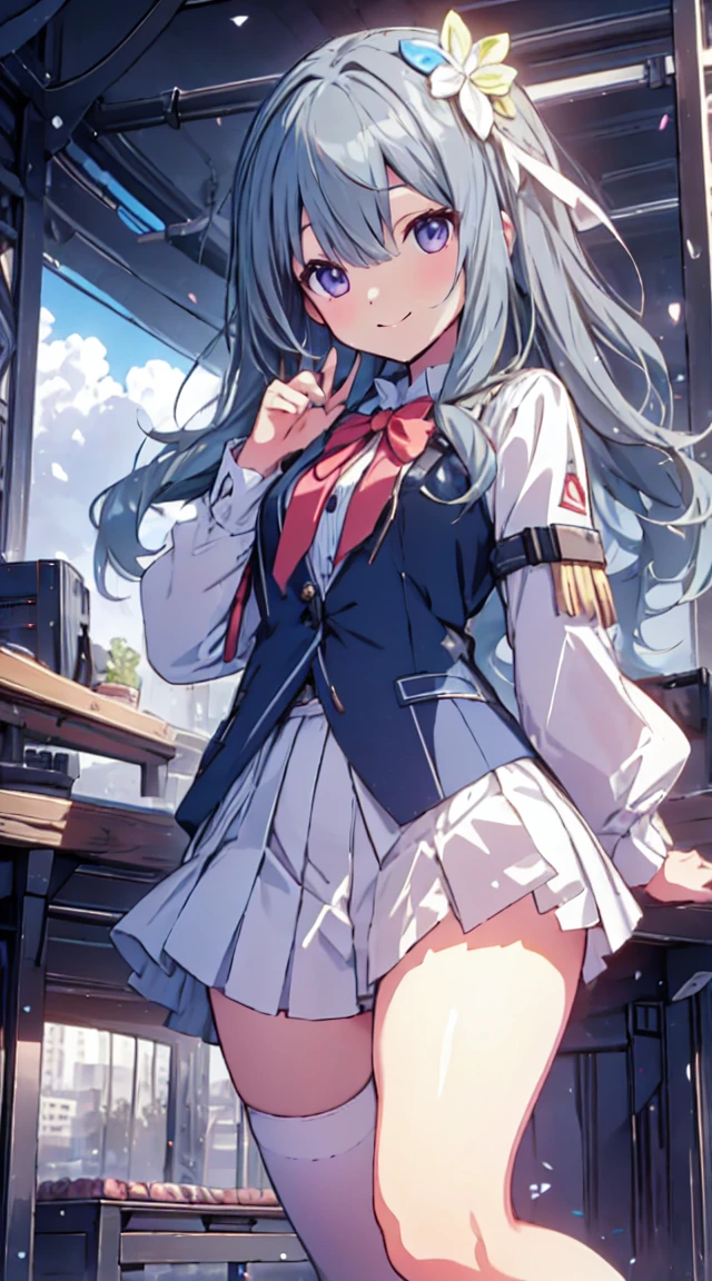 best quality, ultra detailed, absurdres, HDR,1loli、♡、Thighs、Strike a pose with a cheerful smile、uniform
