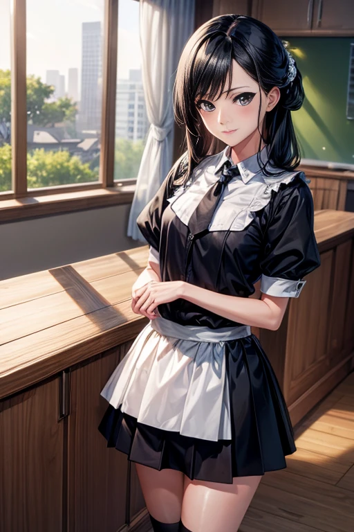 ((masterpiece)), ((best quality)), ((highres)), ((extremely detailed CG unity 8k wallpaper)), solo, tachibana kanade, black skirt, white socks, small smile, classroom