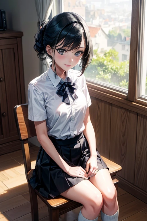 ((masterpiece)), ((best quality)), ((highres)), ((extremely detailed CG unity 8k wallpaper)), solo, tachibana kanade, black skirt, white socks, small smile, classroom