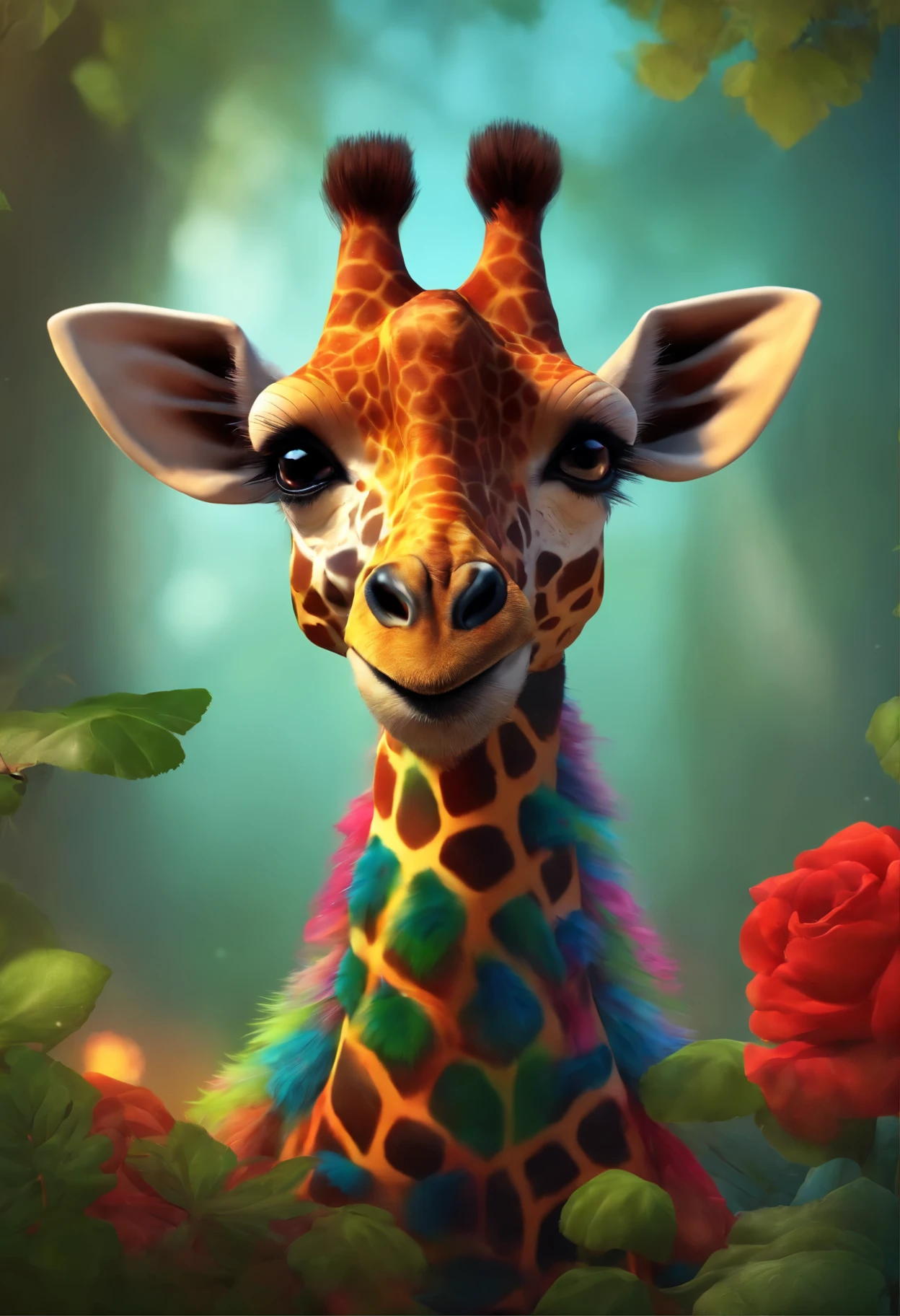 fanged giraffe, A brightly colored giraffe sits on a stone in the forest, charming digital painting, Giraffe rendering, Anthropomorphic giraffe, bloody fur, Rendering of the Marmoset ToolBaged, Zbrush Color Renderer, Rendering of the Marmoset ToolBag, Octane turns into a lonely rainbow, cute 3D rendering, blood-dark, rainbow-colored fur, cute detailed digital art, whimsical demon with rainbow fur