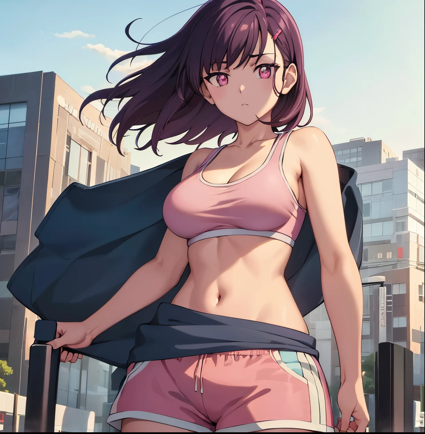 a girl on the street, pov (from below),1girl, alone,shizuka mikazuki, short hair, purple hair, hair ornament, hairclip, (pink eyes:1.5), swept bangs,
 navel, sports bra, sportswear, shorts, pink shorts, outdoors, city, sky, sun, clouds, buildings, looking at viewer, (masterpiece:1.2), best quality, high resolution, unity 8k wallpaper, (illustration:0.8), (beautiful detailed eyes:1.6), extremely detailed face, perfect lighting, extremely detailed CG, (perfect hands, perfect anatomy),big breasts, medium waist, wide hips, medium thighs, 