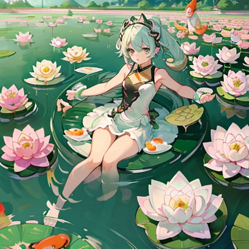 water lily girl、amazing dynamism、amazing angle、Overwhelming blistering sandstorm、(((Many friendly pastel lotuses float and chase)))、(((surround each other'too long glass pastel koi)))