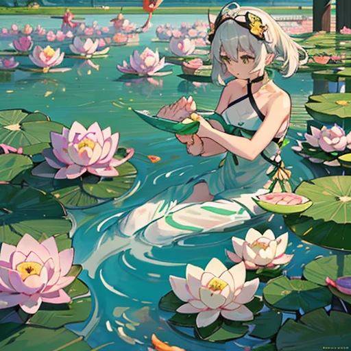 water lily girl、amazing dynamism、amazing angle、Overwhelming blistering sandstorm、(((Many friendly pastel lotuses float and chase)))、(((surround each other'too long glass pastel koi)))