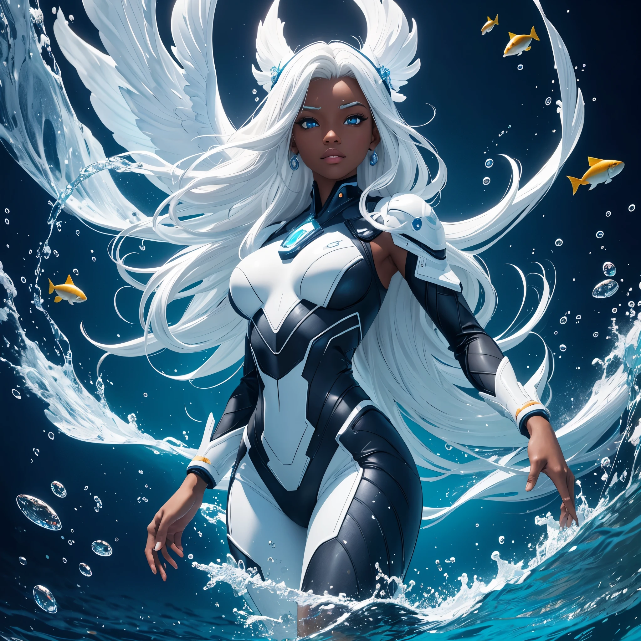 8k, ultra high definition, unreal engine, ultra detailed, ultra high resolution, ultra focus, beautiful girl, dark skin, marine ears, nebula eyes, gills on neck, white hair, wet flowing hair, gorgeous thick body, under water, bubbles everywhere, ultra detailed body, ultra detailed clothes, ultra detailed skin, ultra detailed hands, ultra detailed fingers, ultra detailed wings, colorful fishes in background, underwater plants, front view,