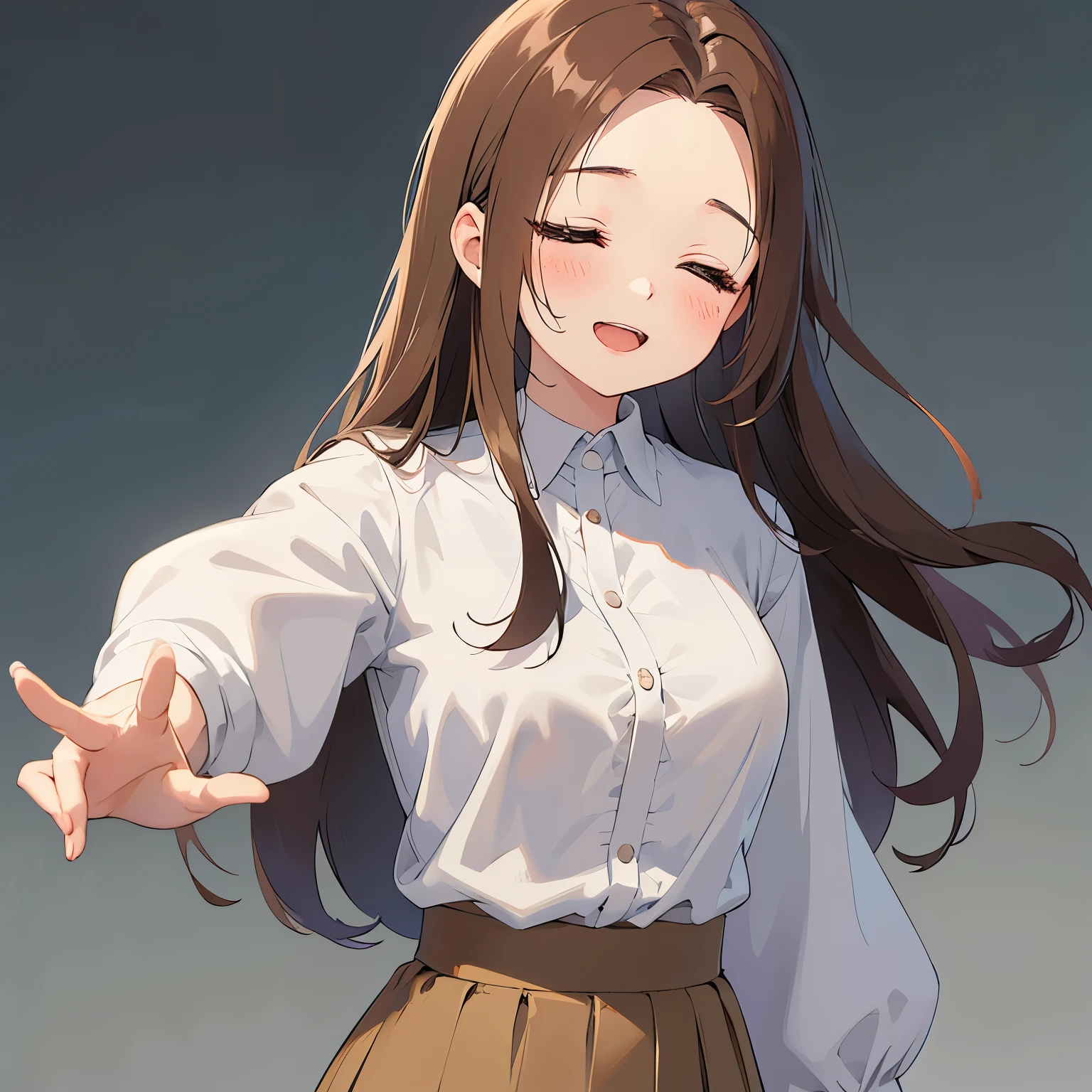 Raising hand, masterpiece、highest quality、 forehead, A 25-year-old woman with light chestnut medium-long hair and brown eyes.、front open shirt, Wearing a white blouse、Wearing a gray skirt、(sleepy:1.5), smile, open mouth, walking、The background is outside at night、bold composition、Upper body is shown、Alone、close up of your face