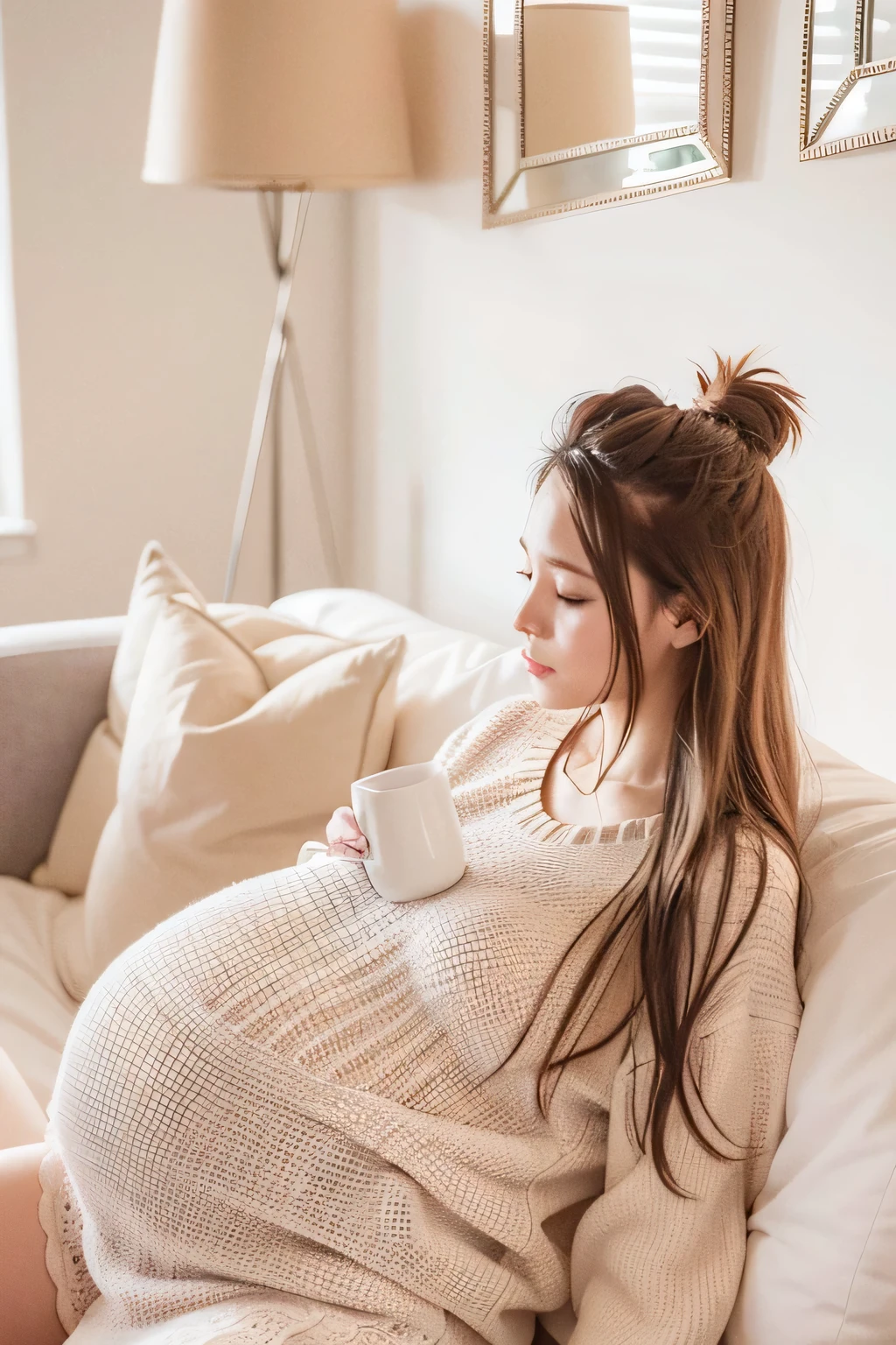 pregnant woman sitting on a couch with a cup of coffee, pregnant belly, Comfortable的氛围, pregnant, maternal feeling, 怀pregnant, Comfortable, Comfortable and calm, Comfortable, bouncy belly, Comfortable vibe, With natural light as background, lovely woman, Absolutely outstanding image, Comfortable aesthetic, full length, late morning, Long black hair, relax on sofa，black hair