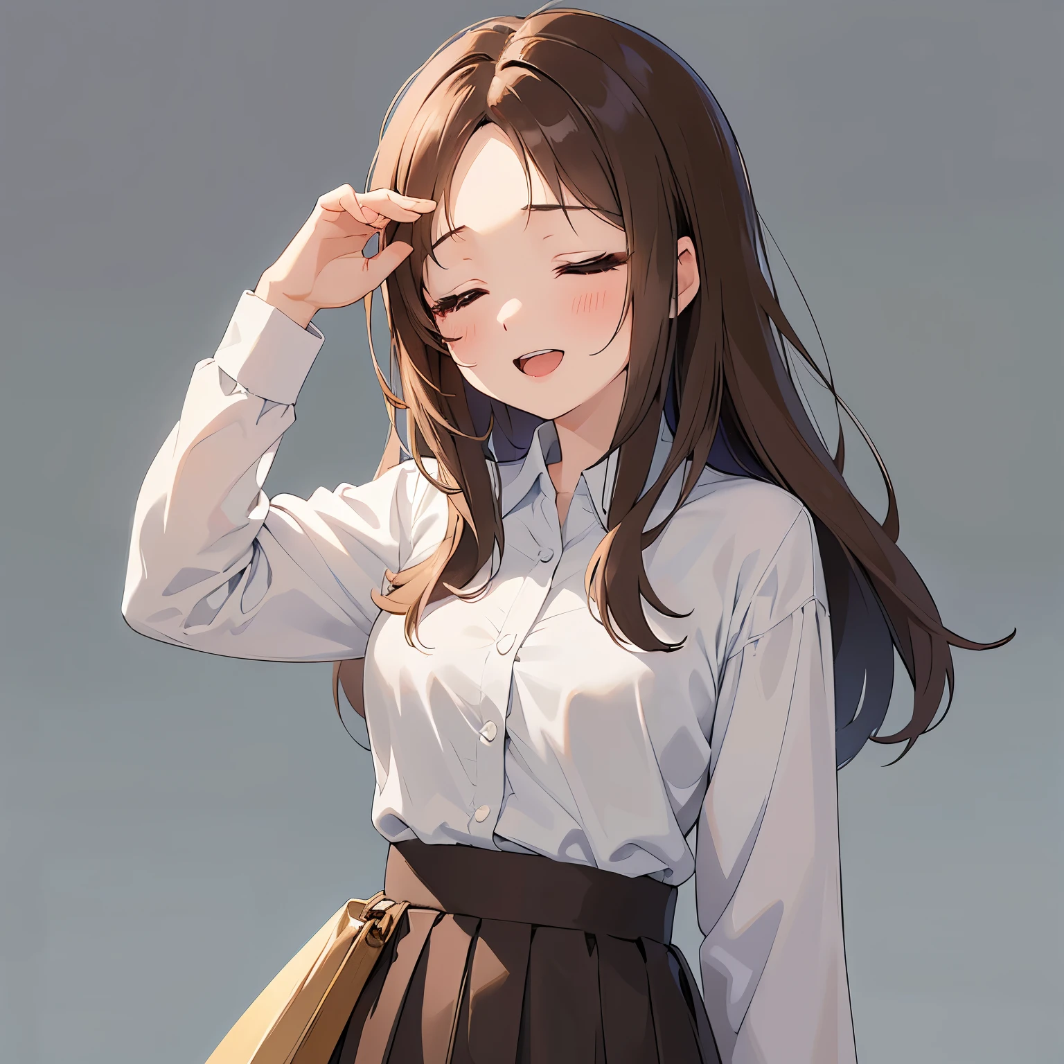 Raising hand, masterpiece、highest quality、 forehead, A 25-year-old woman with light chestnut medium-long hair and brown eyes.、front open shirt, Wearing a white blouse、Wearing a gray skirt、(sleepy:1.5), smile, open mouth, walking、The background is outside at night、bold composition、Upper body is shown、Alone、close up of your face