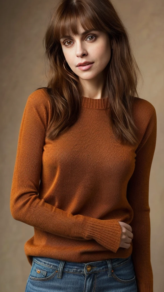 a woman with neck length brown hair and bangs, wearing uggs and jeans with a brown and orange sweater, this person does not exist, 25 years old, large eyes, italian, slightly thin, cara buono-begoña vargas-caroline aaron-bernadette peters-jackie cruz-liza minnelli-kate mara-kerry washington-dakota johnson-margarita levieva merged, entire body visible, full body, hyperrealistic, best quality, 8K, real human skin, masterpiece, extremely intricate, medium closeup, detailed eyes, detailed face, detailed body, exaggerated features, pronounced features