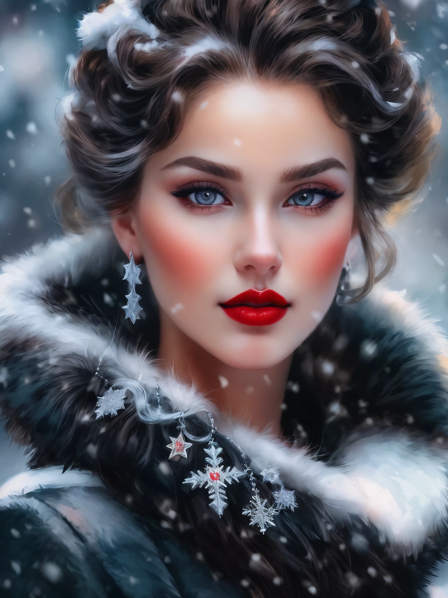 woman with fur collar and red lipstick on snow, beauty!!! digital art, великолепное digital art, pretty face. blonde hair, снег на волосах прекрасное великолепное digital art, winter princess, queen of winter, detailed face with red lips, beautiful digital illustration, detailed gorgeous face, потрясающее digital art, beautiful digital work of art, beautiful illustration, stunning digital illustration