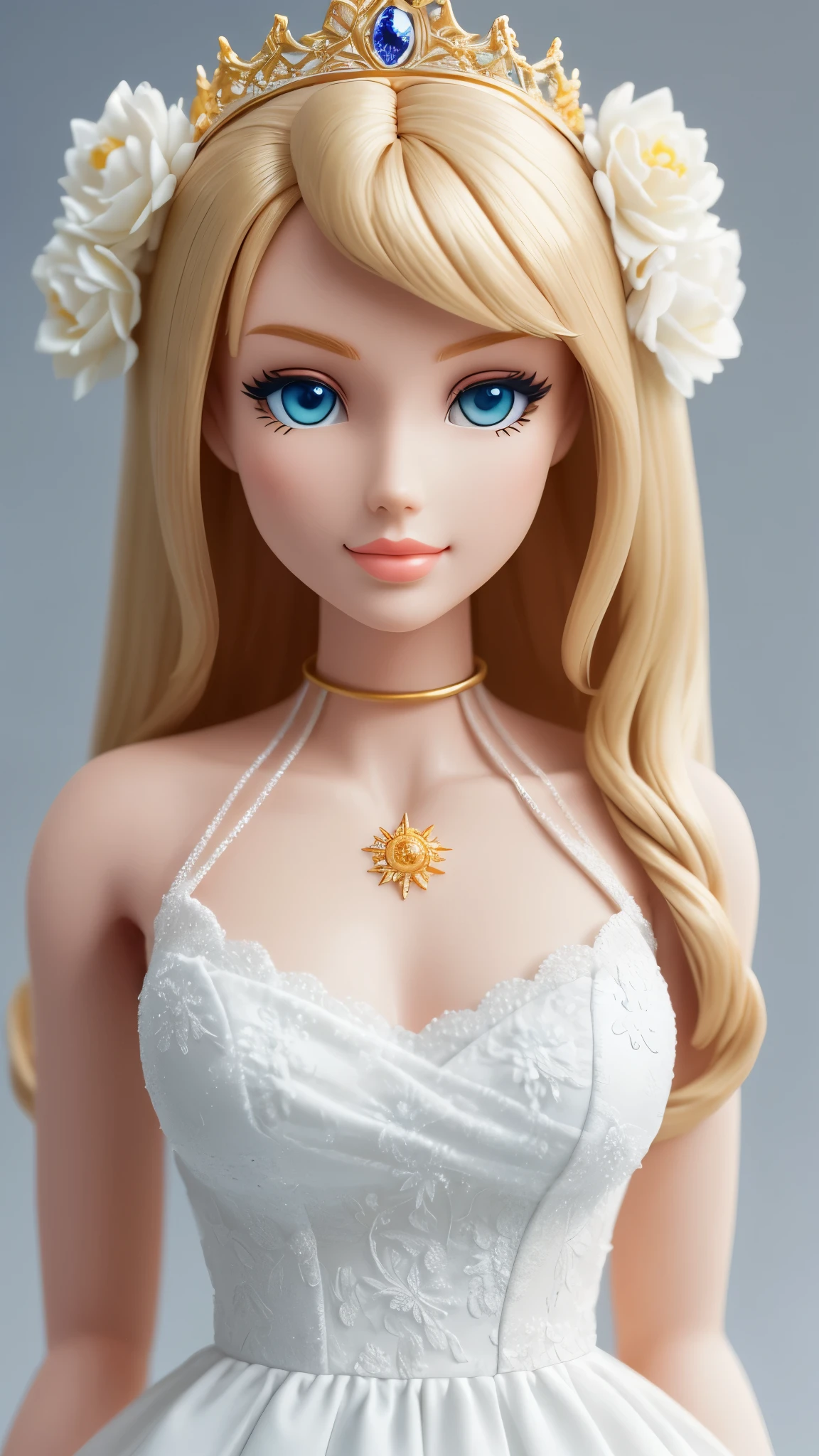 blond Barbie princess standing, Delicate detailed face, animated, detailed white skin texture, long golden hair, adorable, Clean, soft smile, blue eyes, glowing retina, white dress, luxurious tiara, fresh flowers, centered golden frame, center, Disney style, high resolution, official art, unreal-engine, high dynamic range, OctaneRender, render, cinema4d, sun ray, porcelaine, looking at viewer, depth of field, from below, masterpiece, 8K, best quality, anatomically correct
