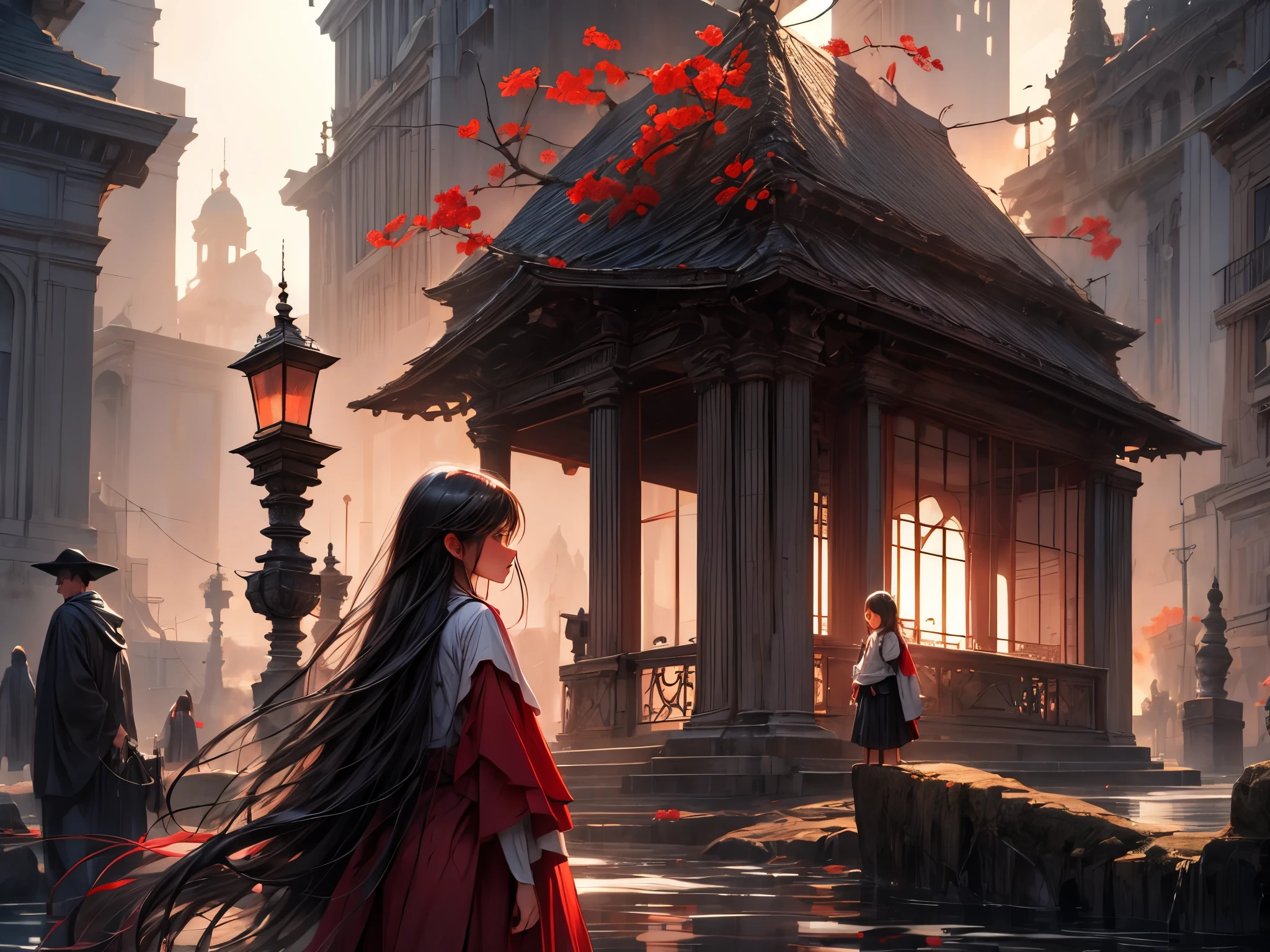 best quality, ultra-detailed, photorealistic, blood-red spider lilies blooms by the riverside,-yeld gistands at the bank of the SANZU, wearing white clothes, ominous ferryman between the realm of the living and the dead, uncanny boatman