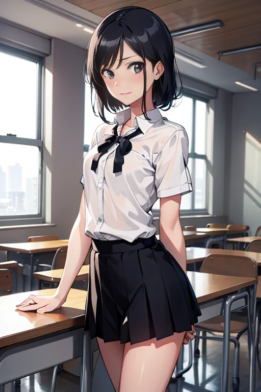 ((masterpiece)), ((best quality)), ((highres)), ((extremely detailed CG unity 8k wallpaper)), solo, tachibana kanade, black skirt, white socks, small smile, classroom