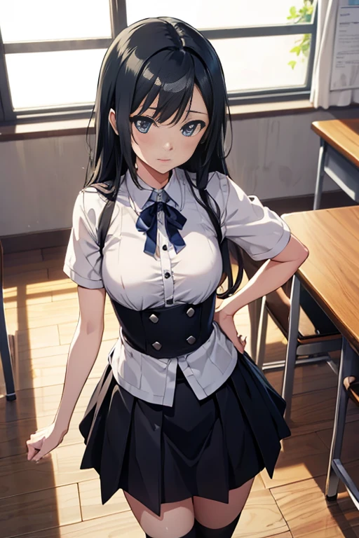 ((masterpiece)), ((best quality)), ((highres)), ((extremely detailed CG unity 8k wallpaper)), solo, tachibana kanade, black skirt, white socks, small smile, classroom