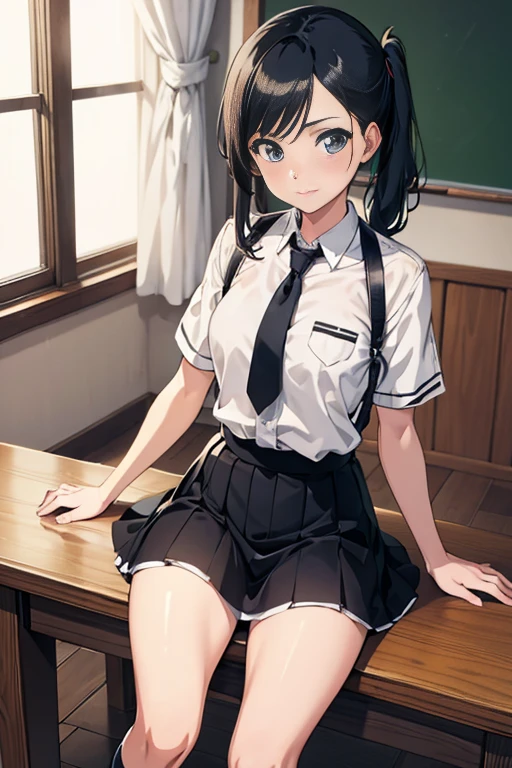 ((masterpiece)), ((best quality)), ((highres)), ((extremely detailed CG unity 8k wallpaper)), solo, tachibana kanade, black skirt, white socks, small smile, classroom