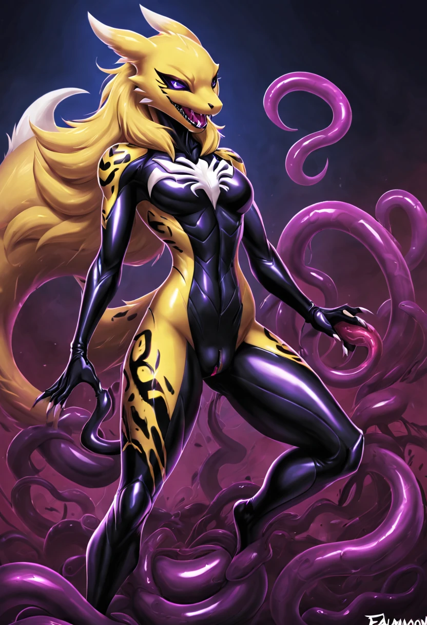 renamon，full body painting，whole body concept，Full body tight suit，vagina，tentacle fusion，biological core，NSFW，tentacle tail，fluffy tail，Insert dick tentacle into pussy，symbiote，Venom Girl，leopard，living venom suit，carnage，dragon body，dragon wing，evil depravity，livingclothes