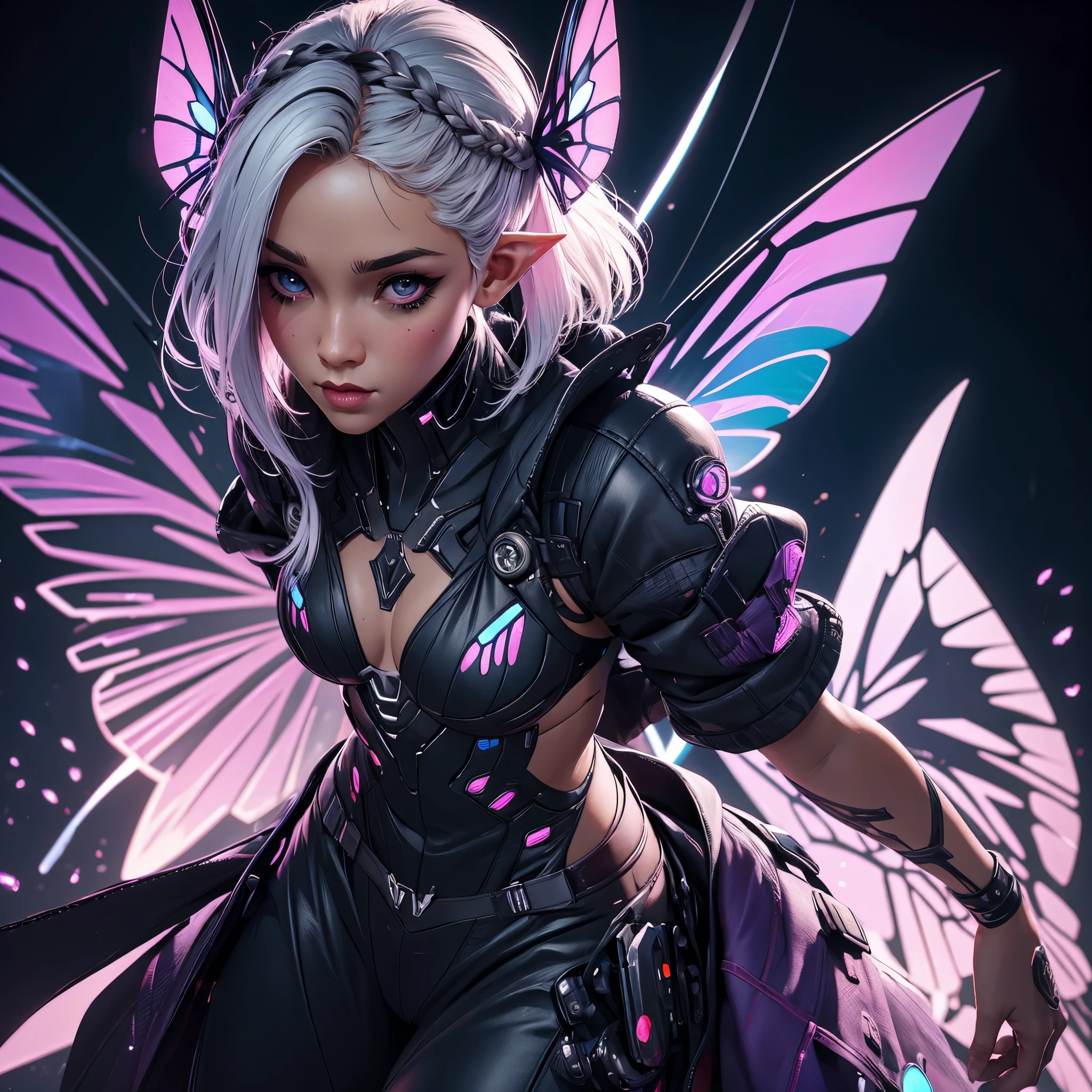 8k, ultra high definition, unreal engine, ultra detailed, ultra high resolution, ultra focus, beautiful girl, dark skin, elf ears, nebula eyes, forehead horns, white hair, braided hair, cyberpunk nose mask, gorgeous thick body, cyberpunk clothes, transparent butterfly, cyberpunk city, beautiful cyber wings pattern, ultra giant butterfly wings, ultra giant butterfly wings, ultra detailed body, ultra detailed clothes, ultra detailed skin, ultra detailed hands, ultra detailed fingers, ultra detailed wings, front view,