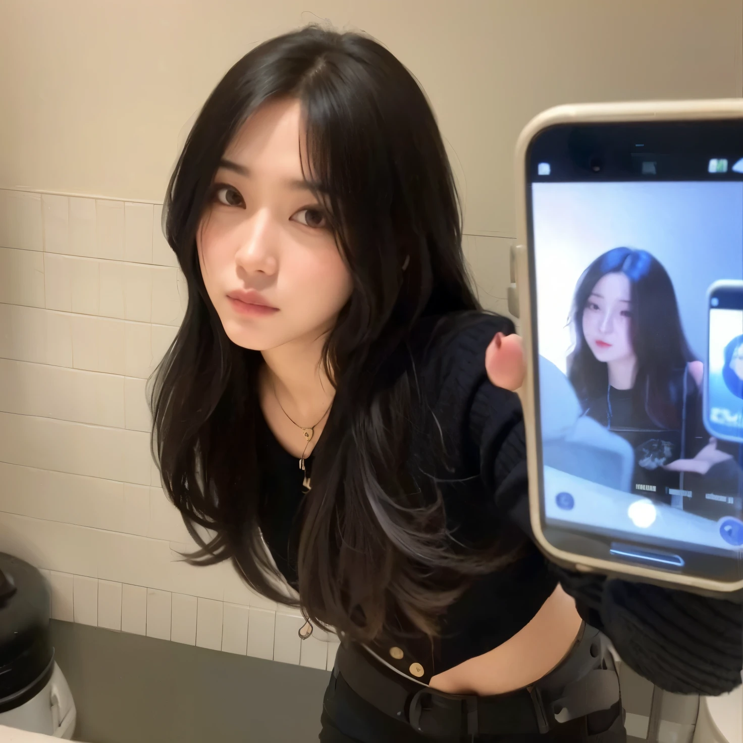 Arafed woman taking a selfie in the bathroom mirror with a cell phone, she has black hair con flequillo, ulzzang, con cabello largo, jinyoung shin, 8k selfie photography, con pelo largo y oscuro, heonhwa choe, jaeyeon nam, long hair con flequillo, korean idol, cruel korean gothic girl, muchacha coreana, con flequillo