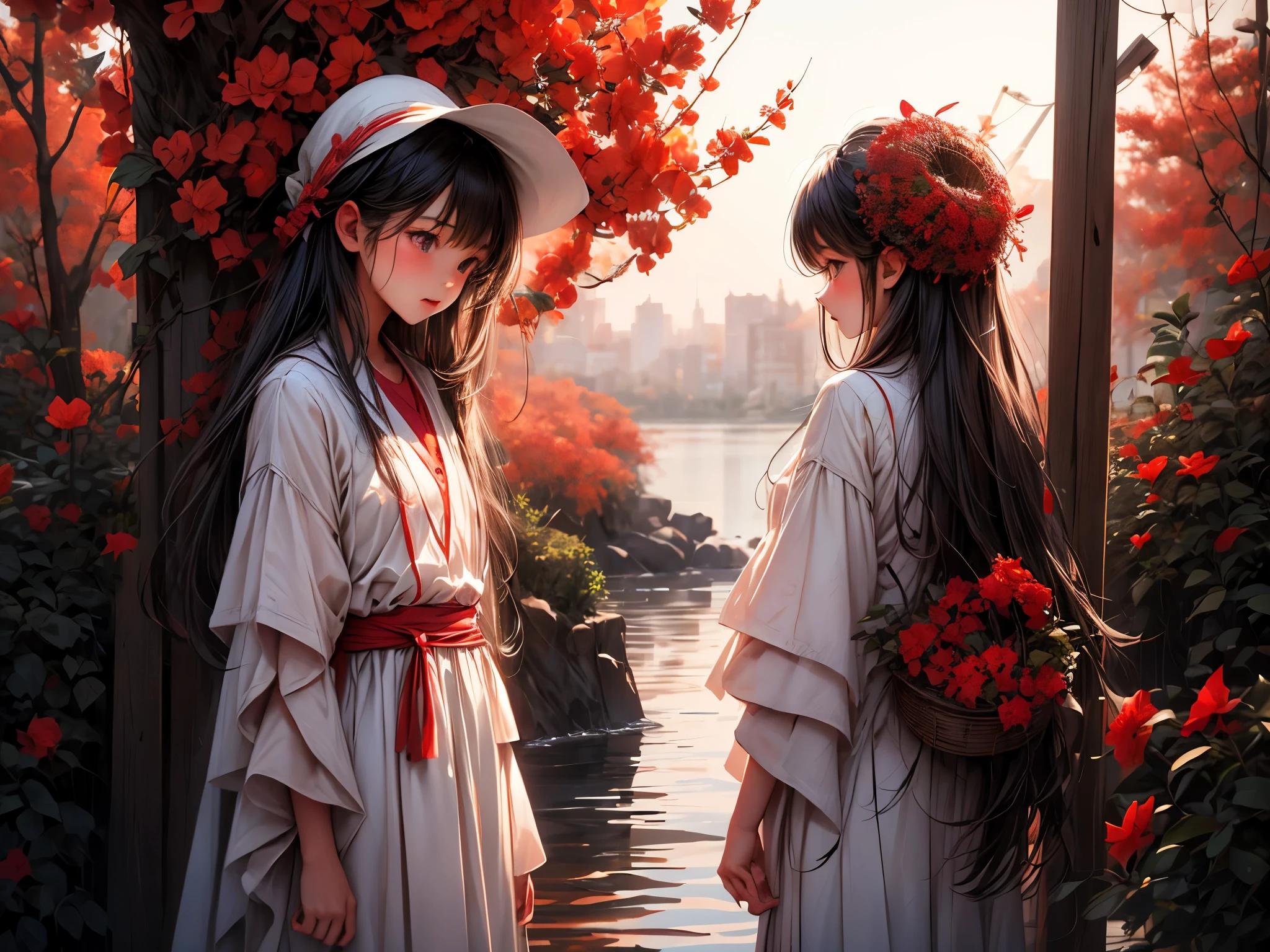 best quality, ultra-detailed, photorealistic, blood-red spider lilies blooms by the riverside,-yeld gistands at the bank of the SANZU, wearing white clothes, ominous ferryman between the realm of the living and the dead, uncanny boatman