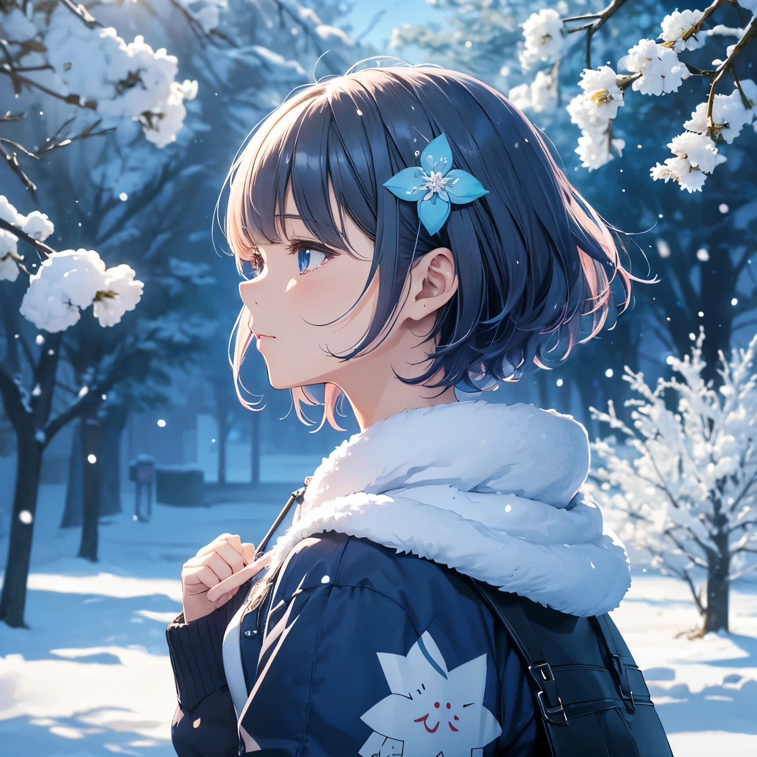 absurdres, highres, (blue background:1.3), (extremely detailed fine touch:1.3), ///, illustration girl, short hair, girly jacket, <lora:flat1:1>, girl's manga style, fluffy atmosphere, soft touch, light colors, gentle atmosphere, night forest, sunbeams through the trees, rough illustration, profile, hairpin, star hair ornament, snow, flower, wind, cold, city, night, neon, falling snow
