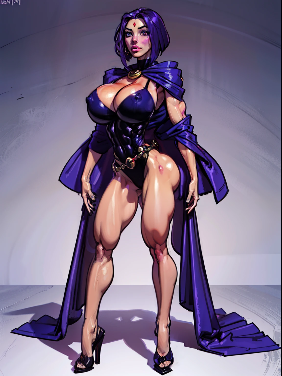 1girl,solo,RavenTT, dynamic post ,navy-blue cloak, (gigantic breasts:1.4), brooch, leotard, belt,short hair,purple hair, ((muscular legs)), purple eyes,black lipstick,grey skin,curvy,wide hips