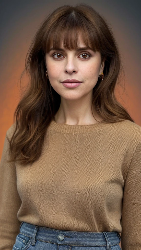 a woman with neck length brown hair and bangs, wearing uggs and jeans with a brown and orange sweater, this person does not exist, 25 years old, large eyes, italian, slightly thin, cara buono-begoña vargas-caroline aaron-bernadette peters-jackie cruz-liza minnelli-kate mara-kerry washington-dakota johnson-margarita levieva merged, entire body visible, full body, hyperrealistic, best quality, 8K, real human skin, masterpiece, extremely intricate, medium closeup, detailed eyes, detailed face, detailed body, exaggerated features, pronounced features