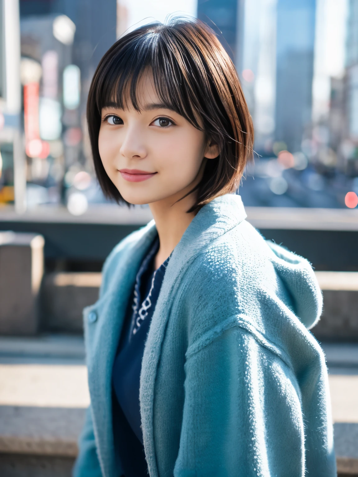 photorealistic, 8K, full body portrait, Beautiful woman, A charming expression, Clear system, short hair, 20-year-old, Tokyo, winter, Shibuya in the background
