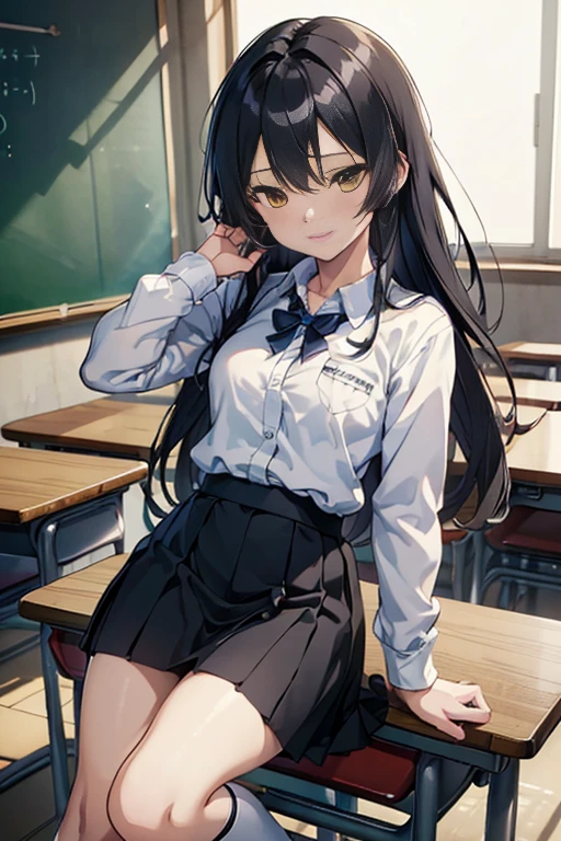 ((masterpiece)), ((best quality)), ((highres)), ((extremely detailed CG unity 8k wallpaper)), solo, tachibana kanade, black skirt, white socks, small smile, classroom