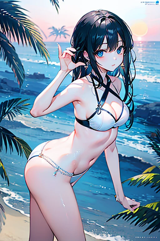 realisitic、top-quality、女の子 1 人、25-years old、Light colored hair、piercings、Shy face、Fancy Bikini、beautiful boob 、sexypose、s ass、night sandy beach、Particles of light、profetional lighting、blue open sky, ((black hair)), blue eyes