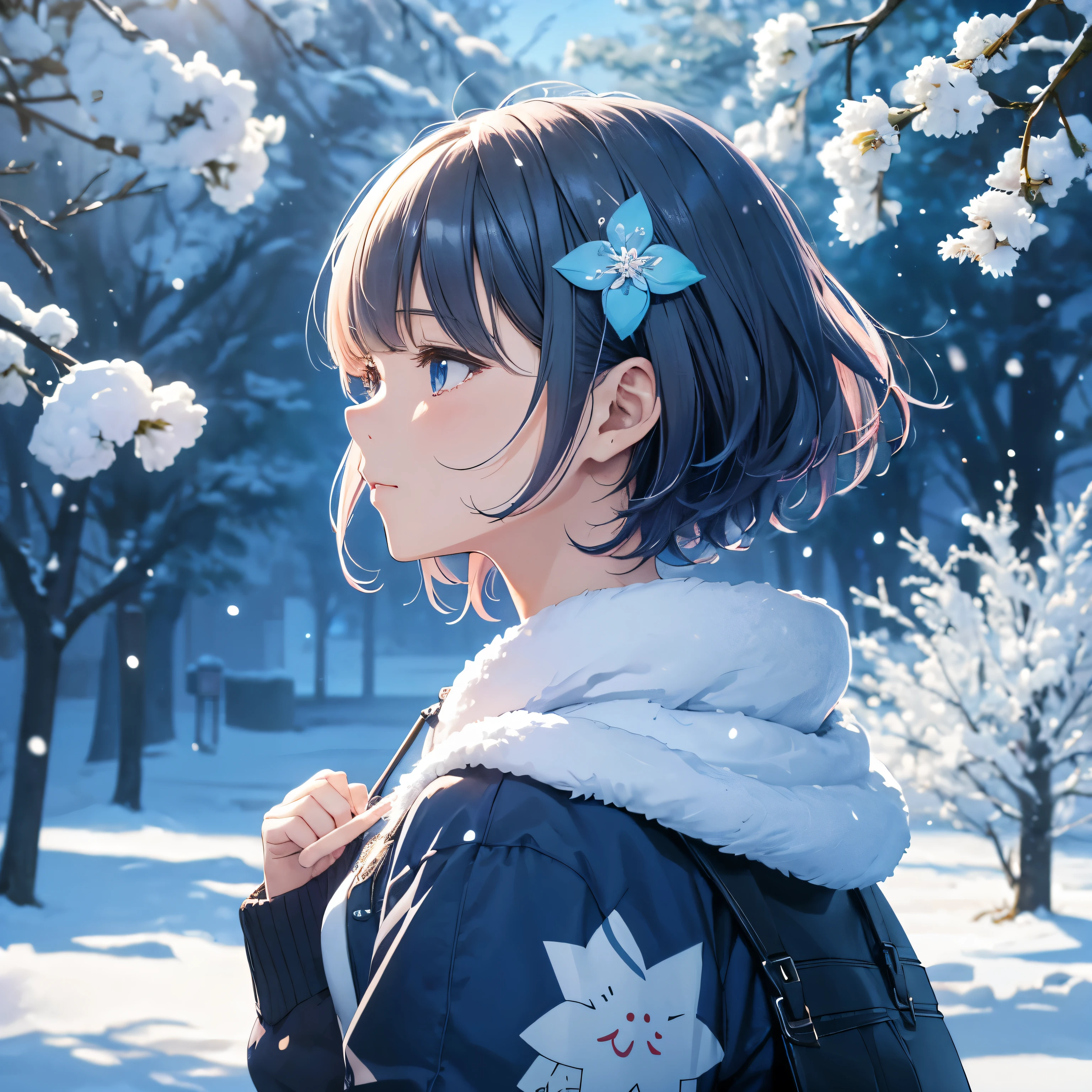 disorganized, High resolution, (blue background:1.3), (very fine touch:1.3), ///, illustration girl, short hair, girly jacket, &that;roller:flat 1:1>, 少女漫画Wind, Fluffy atmosphere, soft touch, bright colors, Gentle atmosphere, night forest, sunlight filtering through the trees, rough illustration, profile, hairpin, star hair ornament, snow, flower, Wind, cold, city, night, neon, falling snow
