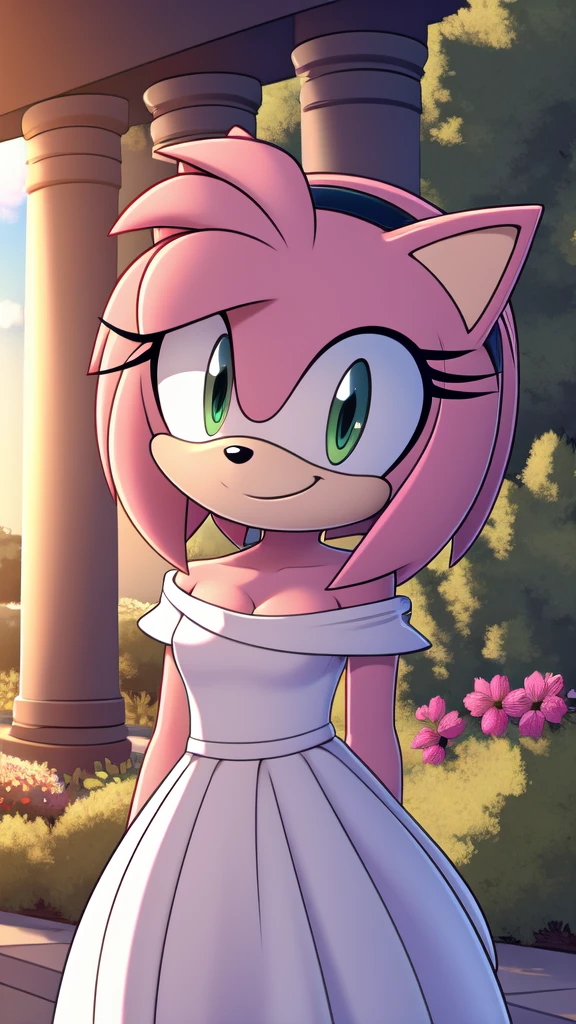 Amy Rose, Bare Shoulders, Strapless White Dress, White Lace Off-shoulder top, White Ruffle Off-the-Shoulder Top, White Maxi Dress, Bangs, Smile, Standing Up, Hands Down, Garden Background, Columns, close-up, daylight, 2D flat, 2D illustration, cartoon style.