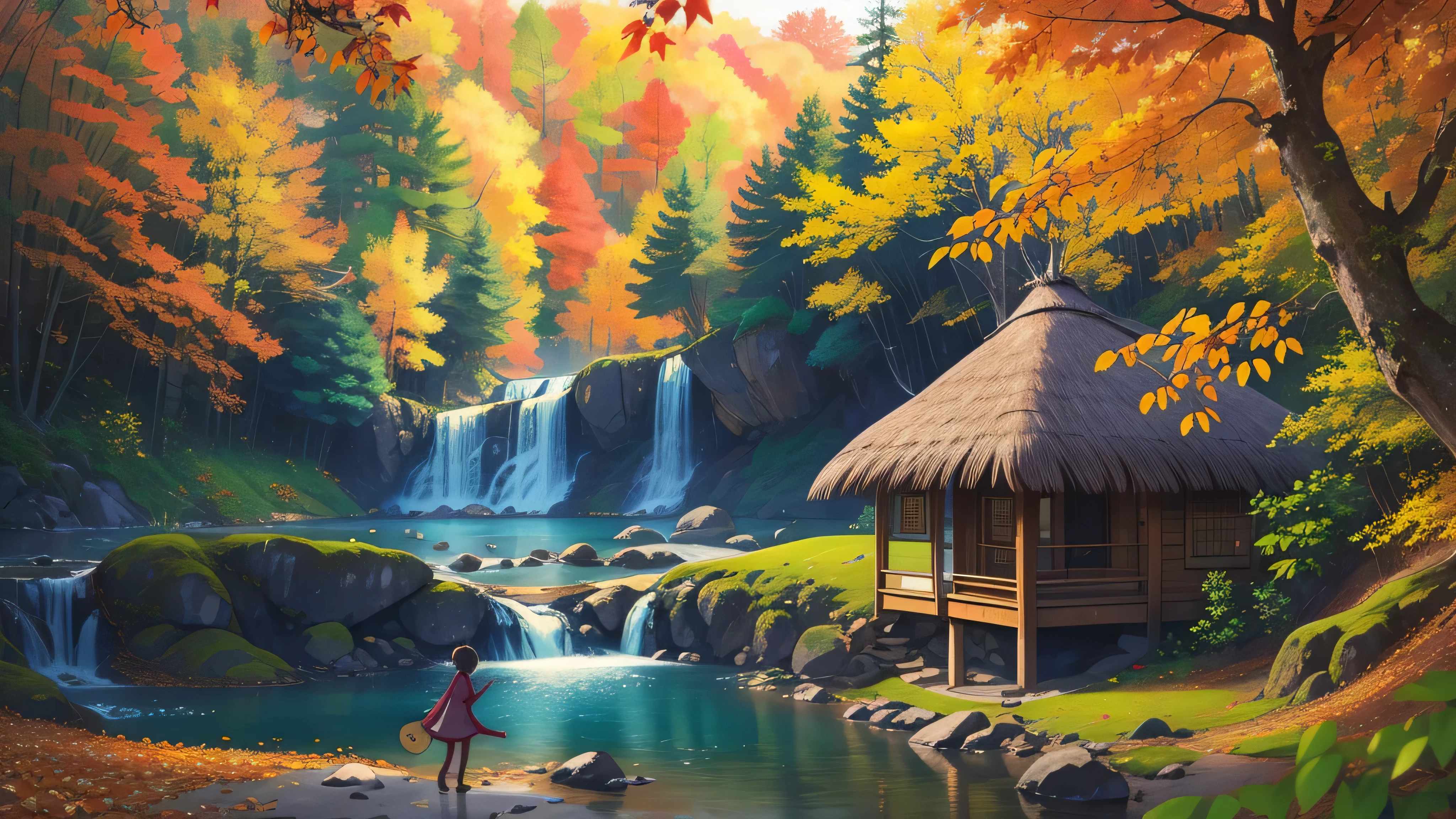 scene in image, In autumn we saw a small village, With wooden huts and thatched roofs. In the center of the village, a big tree,Swing hanging on a tree branch, A place where children play happily. In the background, You can see waterfalls and stone bridges,Leading to an island in the middle of the river. leaves falling from trees, Create dynamic and beautiful effects.