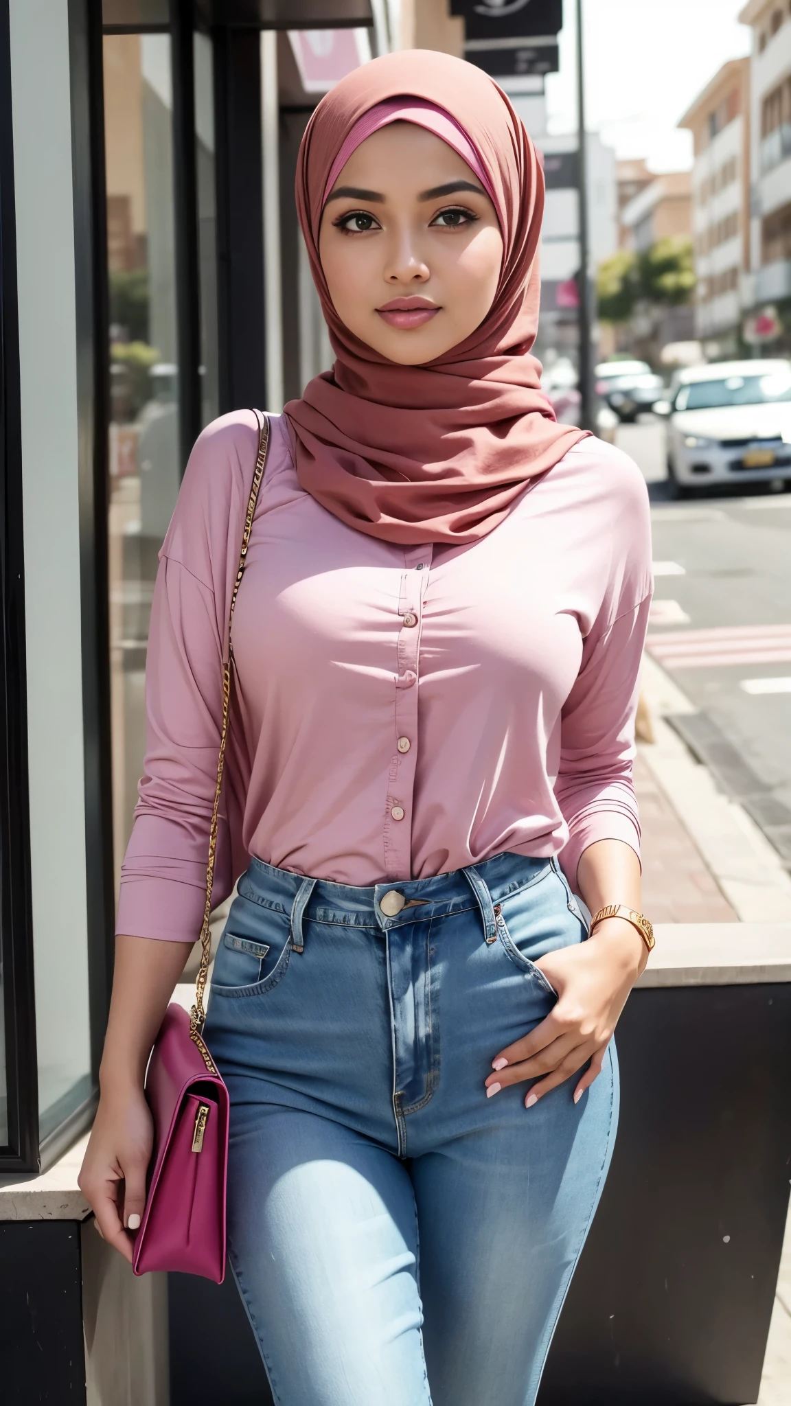 Close up),RAW, Best quality, high resolution, masterpiece: 1.3), Beautiful Malay woman in hijab,Karya, fit body, big breast,sthick thighs,big beautiful eyes, Soft smile, beautiful face,muslim woman wearing a pink shirt and jeans with a handbag, wearing beautiful clothes, full body picture, with lovely look, inspired by Shaddy Safadi, lovely woman, casual pose, with fashion clothe, pink clothes, wearing elegant casual clothes, casual clothing style, some pink, siya oum, femme, wearing casual clothing,Great lighting, Bright colors, Clean lines