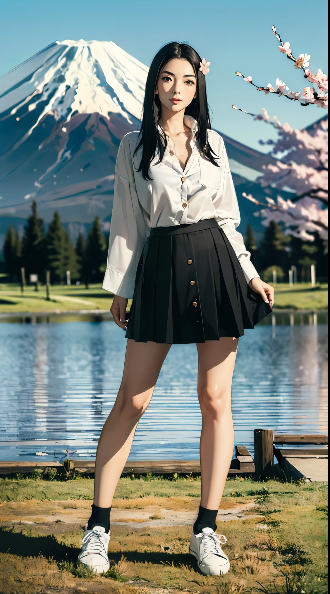 ((Face_mask):0.1), ((Beautiful 35_year_old japanese_woman with pale skin):1.5), ((long_black_hair):2), ((japanese_woodlands):1), ((sagging_breasts):1.8), ((breasts_apart):1.5), ((wearing loose_long_skirt and white_button_up_shirt and black_shoes):2), ((full_body_photo):2), (smooth_skin), (perfect_fingers), ((better_eyes):1.2), ((perfect_face):2), ((beautiful_face):1.8), ((feminine_face):1.8), ((grassy_plain and cumulus_clouds):1), ((mount_fuji in distance and sakura_tree_blossoms):1.5), ((perfect_body):2), ((perfect_hands):1.2), ((best_quality):1.6), (perfect_fabric):1.2), ((Masterpiece):1.6), ((Hyper_Realism):1.4), ((perfect_pose):1.2), ((cute_pose)1.2)