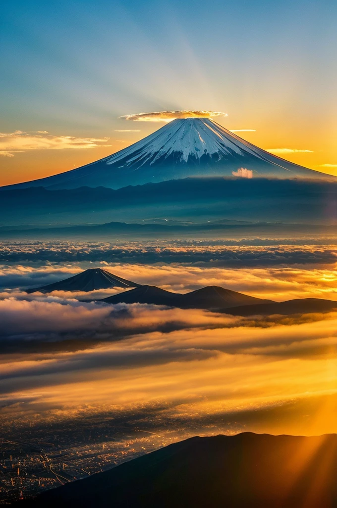 The morning sun is rising over Mt. Fuji。The sun is dazzling and divine々New。