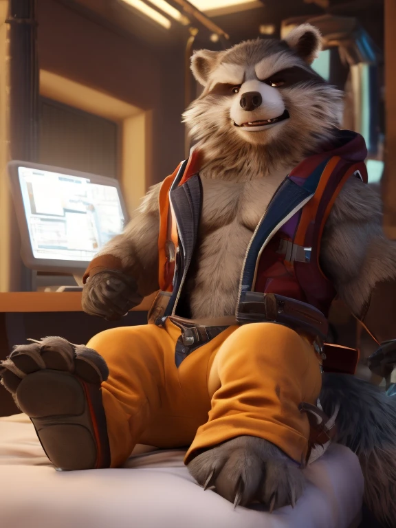 Sedated Rocket Racoon, lying on a bed in a laboratory with his legs spread, drugged with sedation from a drip, closed eyes, strapped to the bed by his wrists and ankles, a distinctly sleepy look on his face, resisting to sleep, detailed nice big paws with short claws, wears orange prison uniform, MCU vivid colour style, dark brown and gray and white fur, visible soles