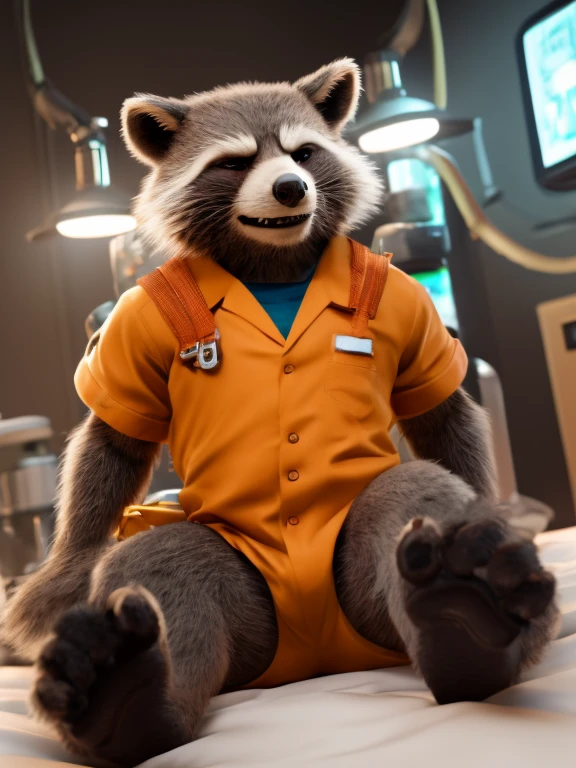 Sedated Rocket Racoon, lying on a bed in a laboratory with his legs spread, drugged with sedation from a drip, closed eyes, strapped to the bed by his wrists and ankles, a distinctly sleepy look on his face, resisting to sleep, detailed nice big paws with short claws, wears orange prison uniform, MCU vivid colour style, dark brown and gray and white fur, visible soles