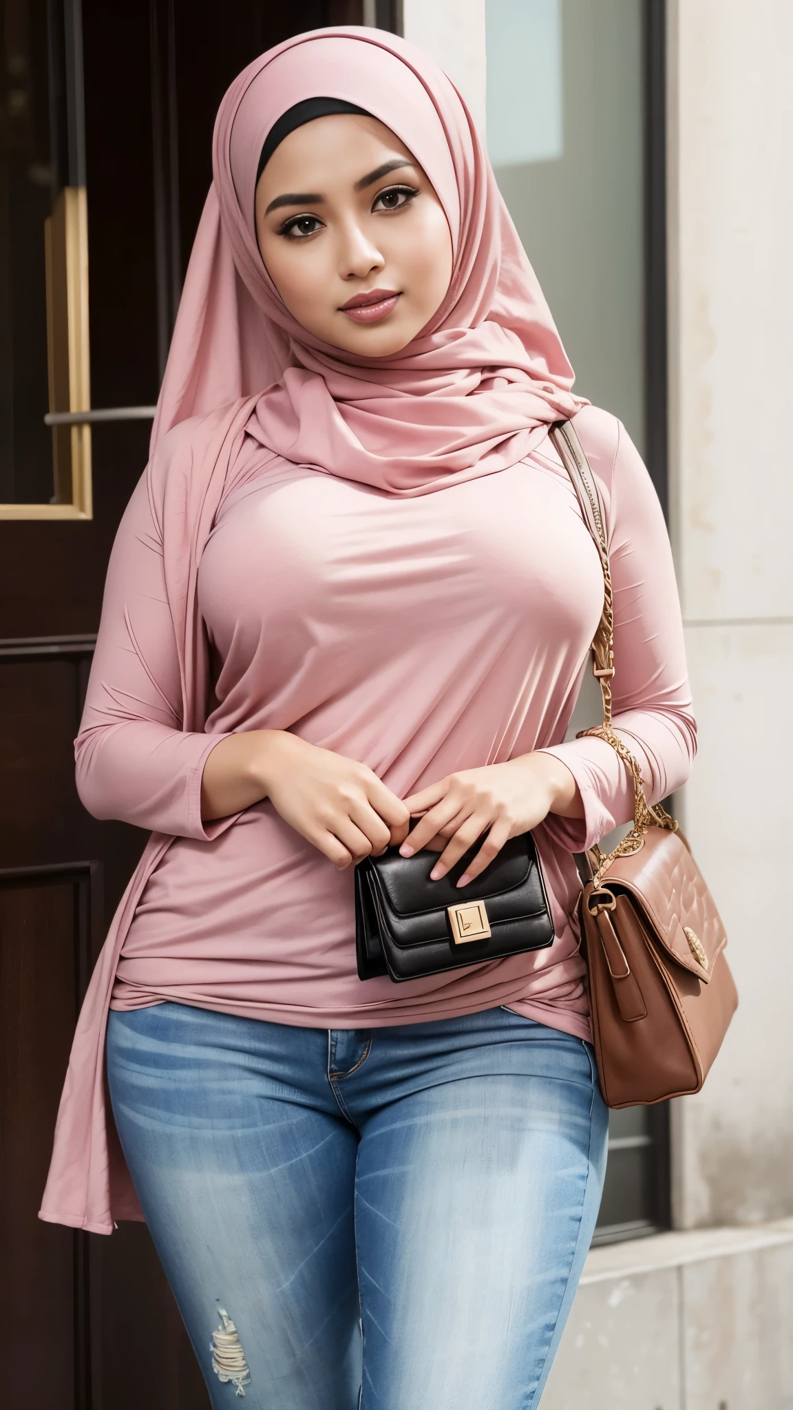 Close up),RAW, Best quality, high resolution, masterpiece: 1.3), Beautiful Malay woman in hijab,Karya, fit body, big breast,sthick thighs,big beautiful eyes, Soft smile, beautiful face,muslim woman wearing a pink shirt and jeans with a handbag, wearing beautiful clothes, full body picture, with lovely look, inspired by Shaddy Safadi, lovely woman, casual pose, with fashion clothe, pink clothes, wearing elegant casual clothes, casual clothing style, some pink, siya oum, femme, wearing casual clothing,Great lighting, Bright colors, Clean lines