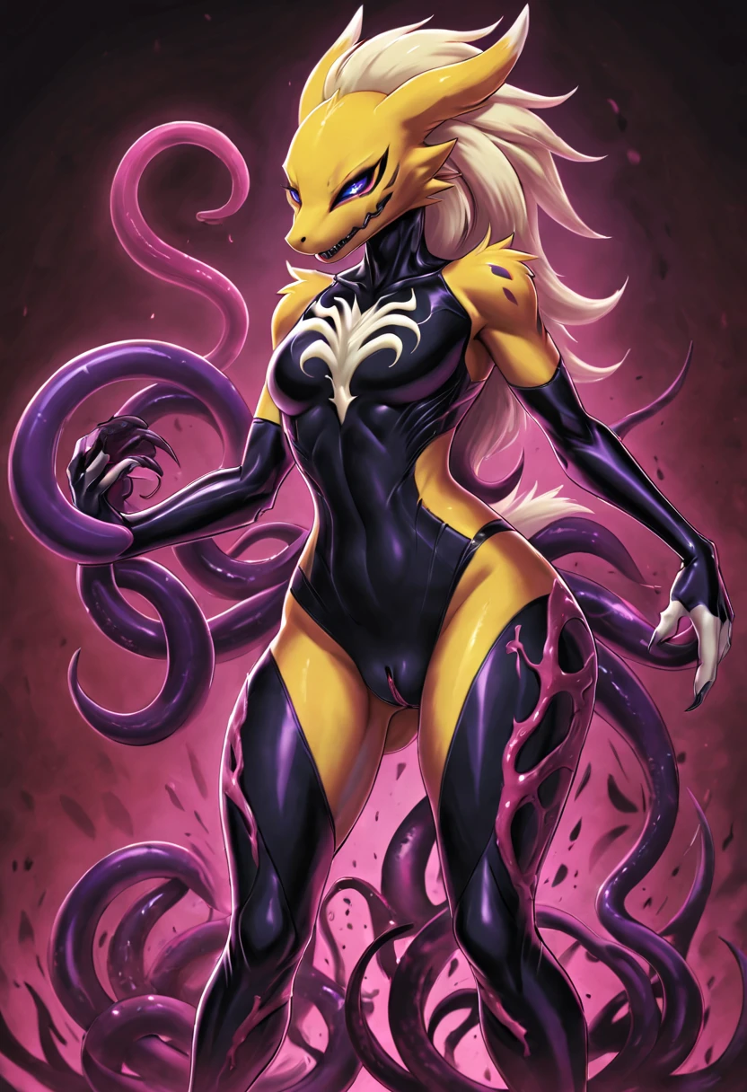 renamon，full body painting，whole body concept，Full body tight suit，vagina，tentacle fusion，biological core，NSFW，tentacle tail，fluffy tail，Insert dick tentacle into pussy，symbiote，Venom Girl，Whiteleopard，living venom suit，carnage，dragon body，dragon wing，evil depravity，livingclothes