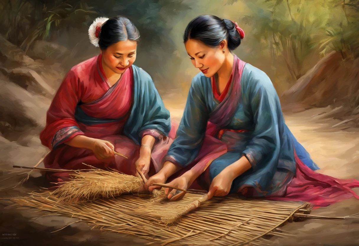 main part, better quality, best quality, official art, Chinese women,Beautiful and beautiful: 1.2), Illustration of 2 rural women weaving straw mats,at night ,Upper body, main part, best quality, high quality, high resolution, 16K, .raw, Ultra high resolution, Ultra-detailed, fine details, Extremely sophisticated royal shades, Very detailed, highly detailed painting, wonderful paintings, Art style, stylized