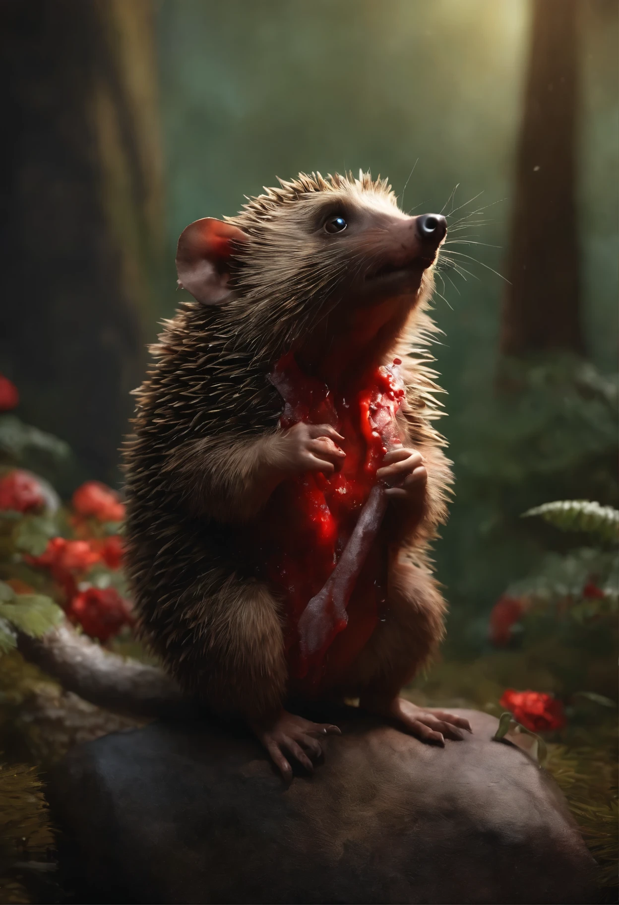 Макото шинкай, аниме стиль, Hedgehog covered in blood, a bloody hedgehog in meat sits on a stone in the forest, charming digital painting, Rendering of monkeys, Anthropomorphic hedgehog, bloody fur, Rendering of the Marmoset ToolBaged, Zbrush Color Renderer, Rendering of the Marmoset ToolBag, Octane turns into a lonely bloody mass, cute 3D rendering, bloody fur весь в мясе, cute detailed digital art, whimsical demon with rainbow fur