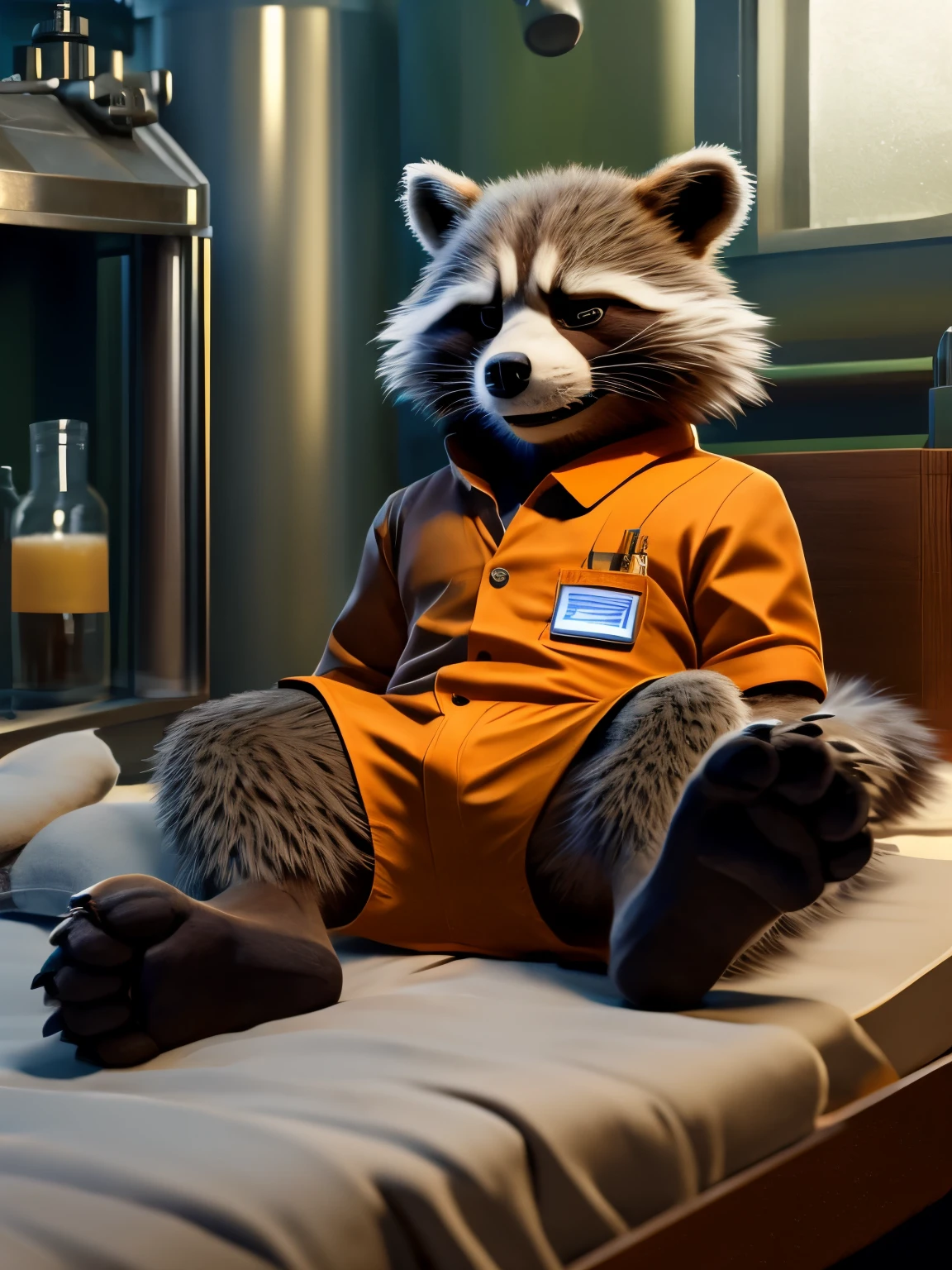 Sedated Rocket Racoon, lying on a bed in a laboratory with his legs spread, drugged with sedation from a drip, closed eyes, strapped to the bed by his wrists and ankles, a distinctly sleepy look on his face, resisting to sleep, detailed nice big paws with short claws, wears orange prison uniform, MCU vivid colour style, dark brown and gray and white fur, visible soles